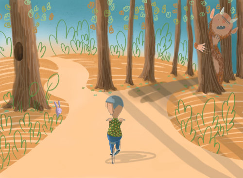 Character design of a child riding bicycle in Forest