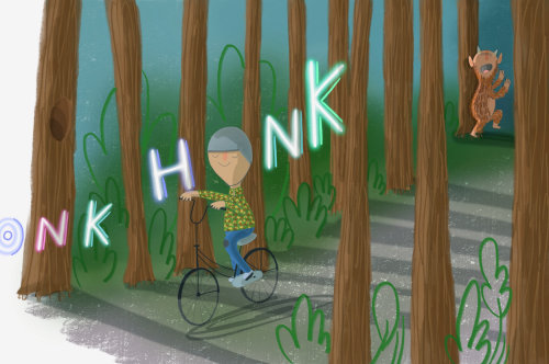 Fantasy art of boy riding bicycle in a Forest