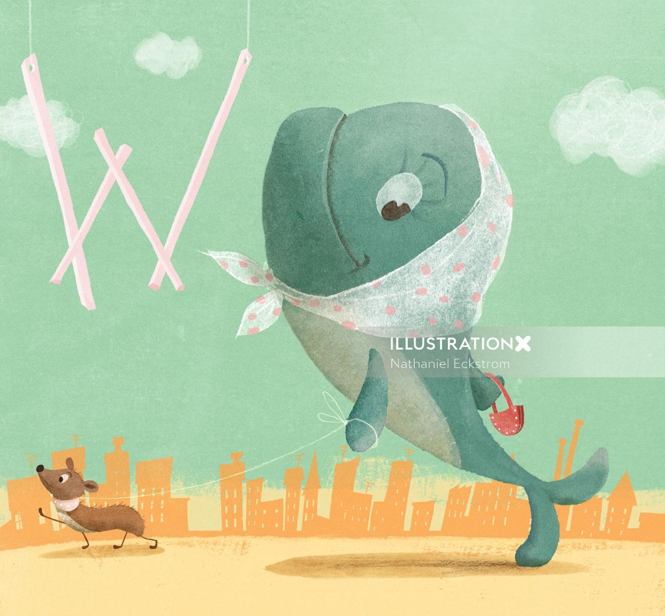 Cartoon illustration of whale and weasel