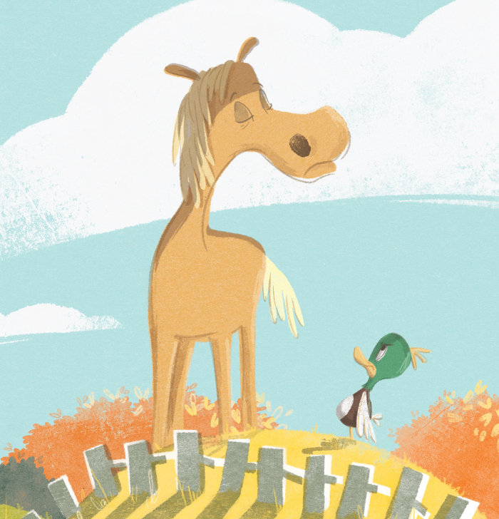 Ilustração infantil de cavalo e pato