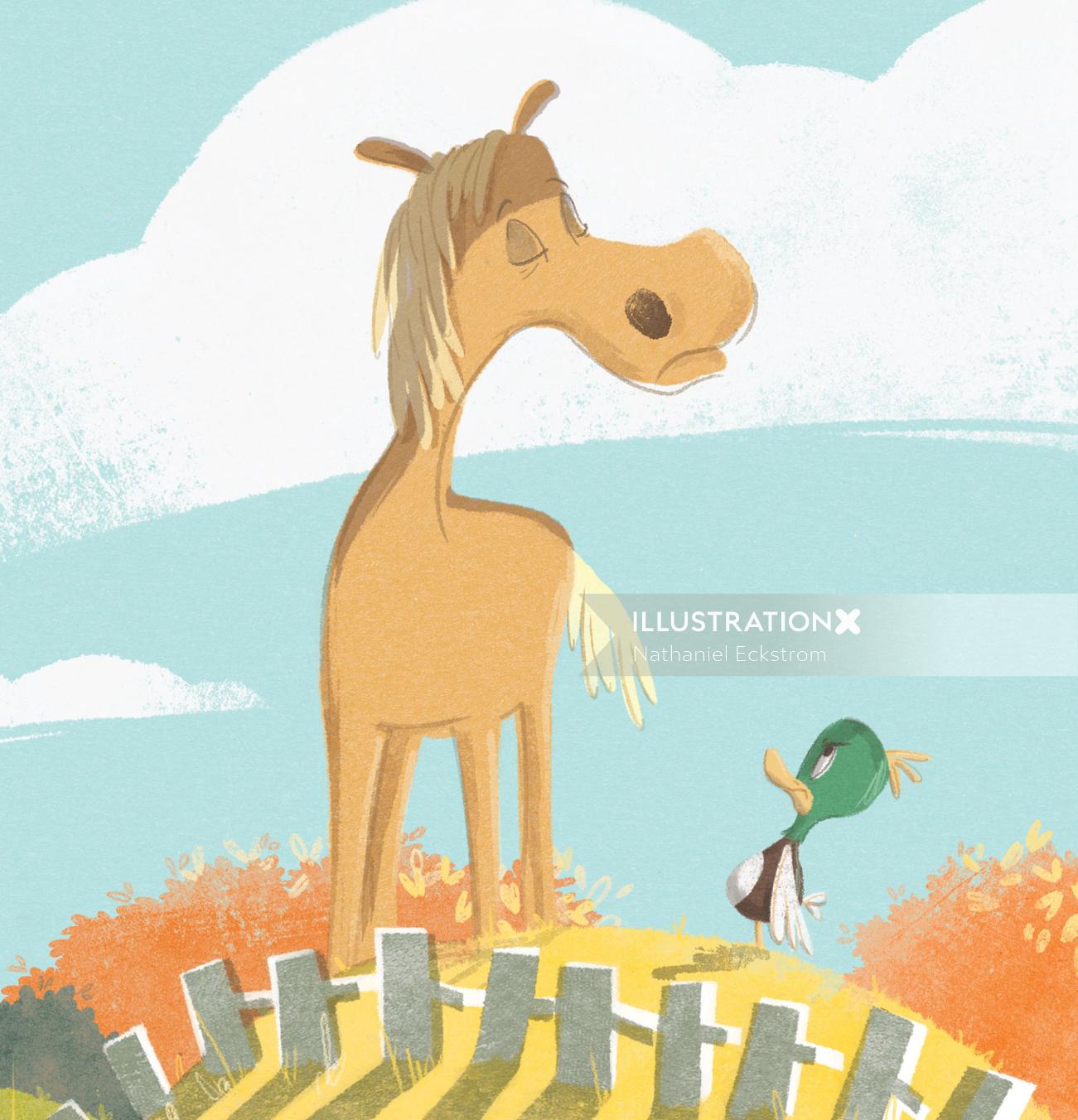 Children's illustration of horse and duck