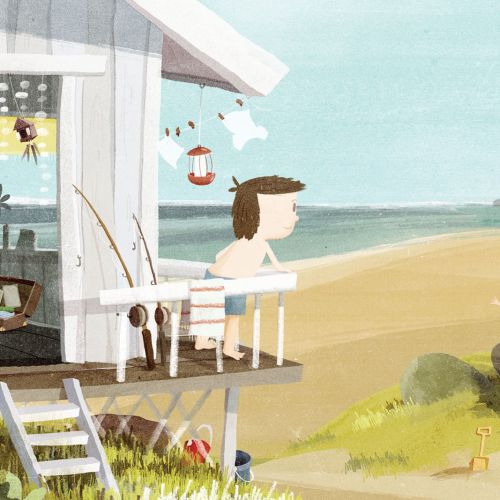 An illustration of father & son on the beach
