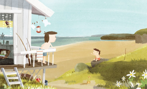 Uma ilustração de pai e filho na praia