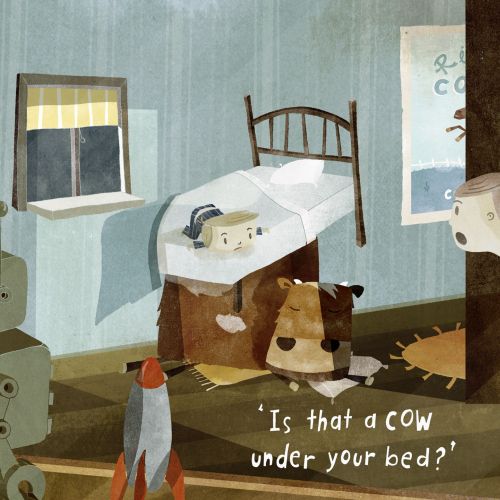 Children's illustration of cow under the bed