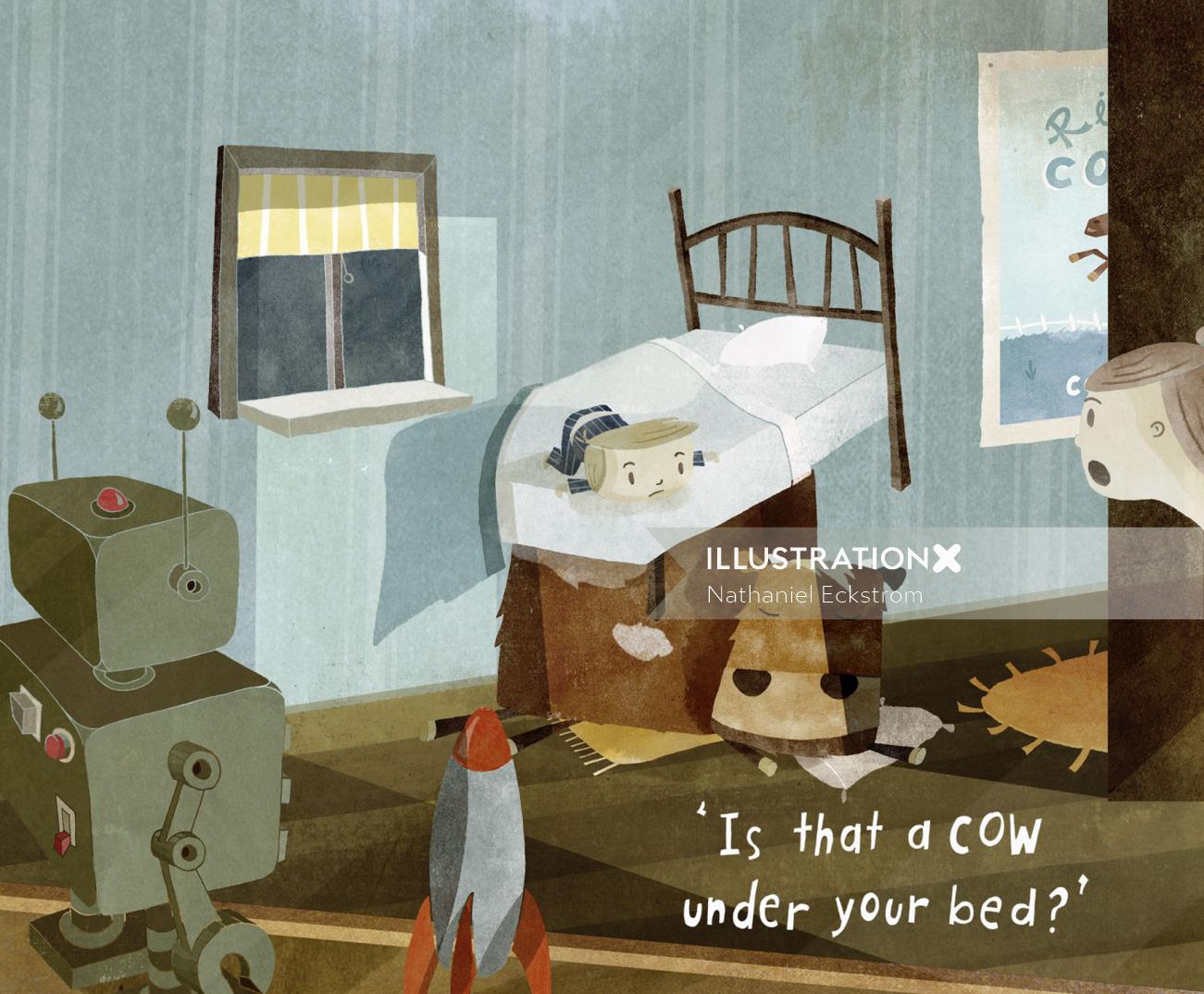 Children's illustration of cow under the bed