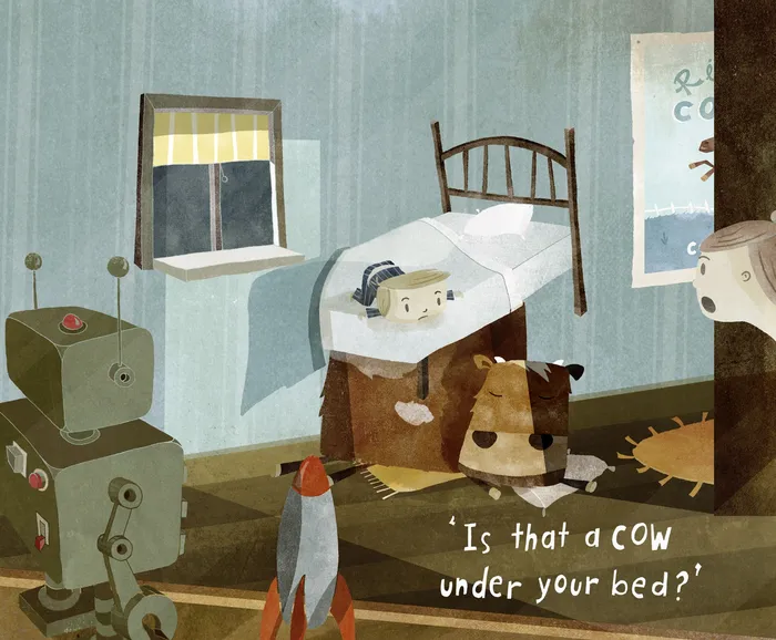 Children's illustration of cow under the bed