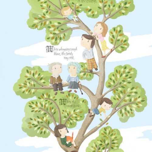 Children's illustration of Kids playing on tree