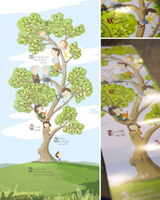 Ilustración infantil de niños jugando en el árbol