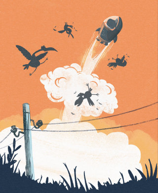 儿童插画火箭冲上天空
