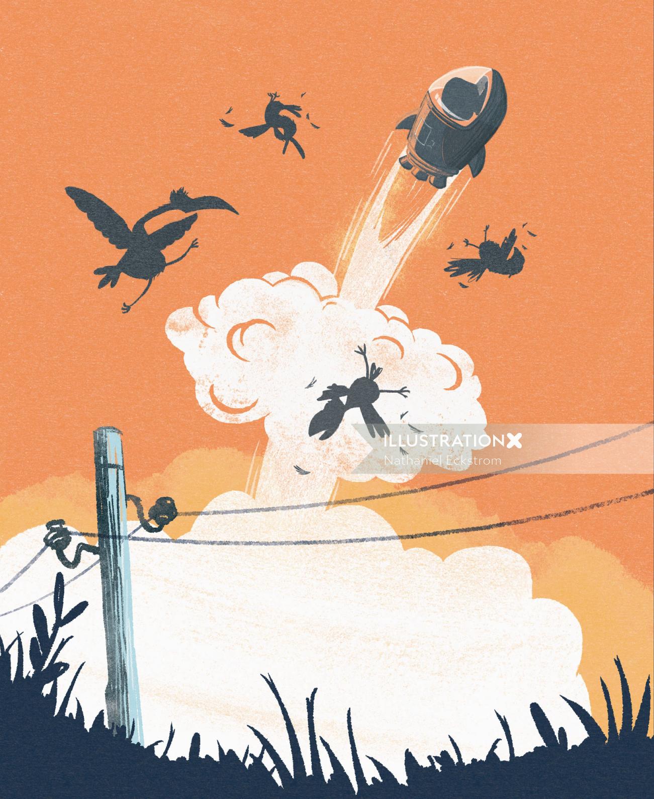Children illustration rocket blasting into sky
