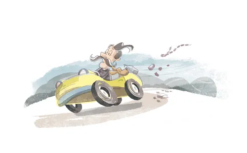 Retro illustration of man riding car
