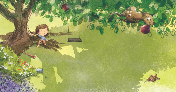 children illustration boy resting under tree
