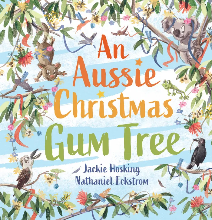 A colorful gum tree with native Australian animals celebrating Christmas, by Nathaniel Eckstrom
