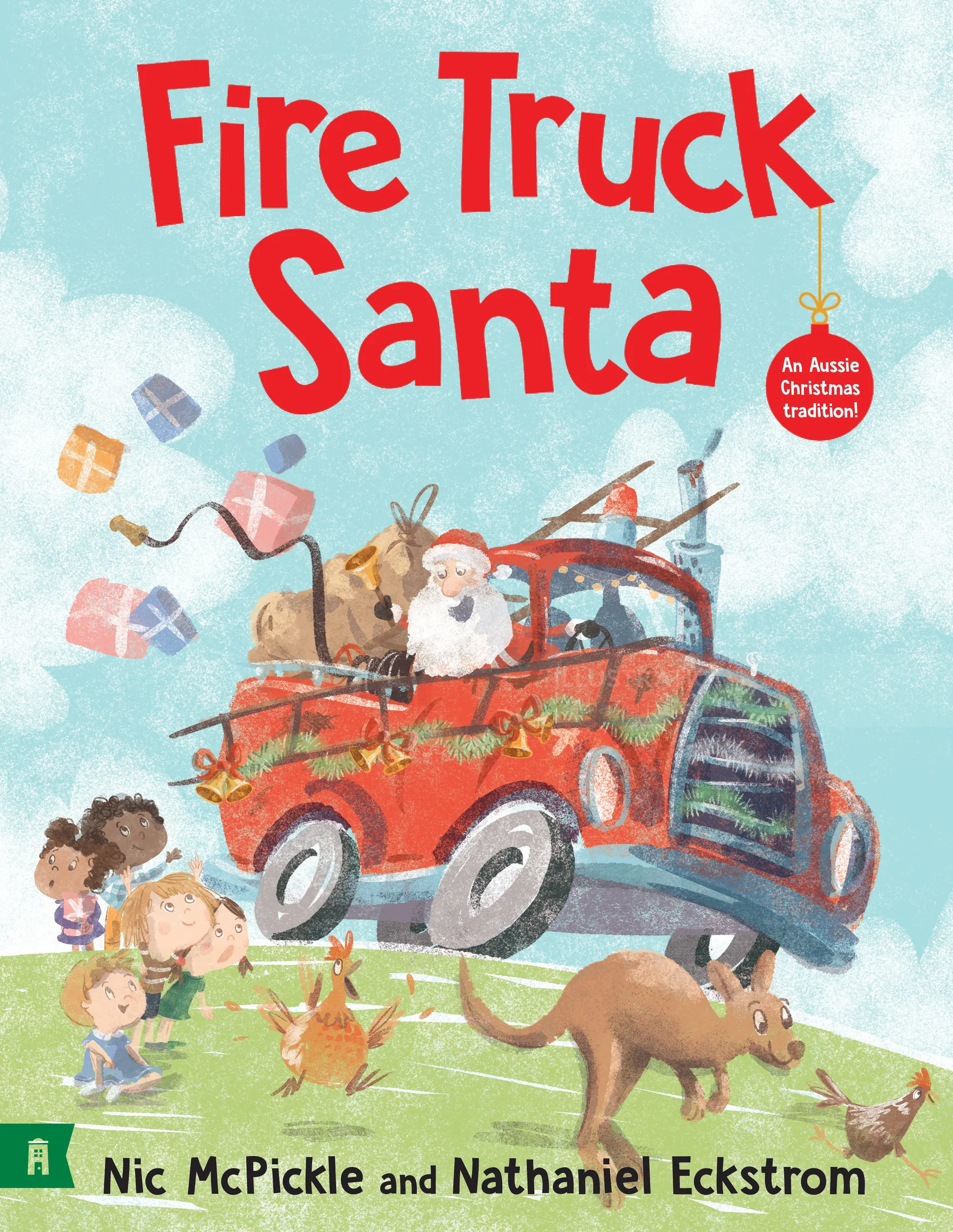 Santa driving a red fire truck with gifts and animals by Nathaniel Eckstrom