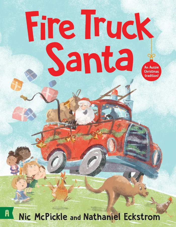Santa driving a red fire truck with gifts and animals by Nathaniel Eckstrom