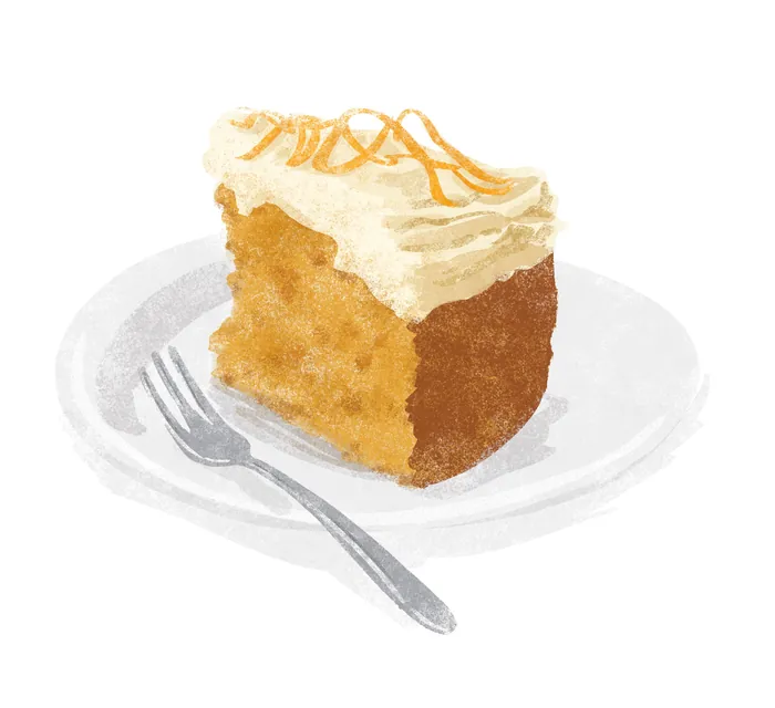 Slice of carrot cake with creamy frosting and orange zest by Nathaniel Eckstrom