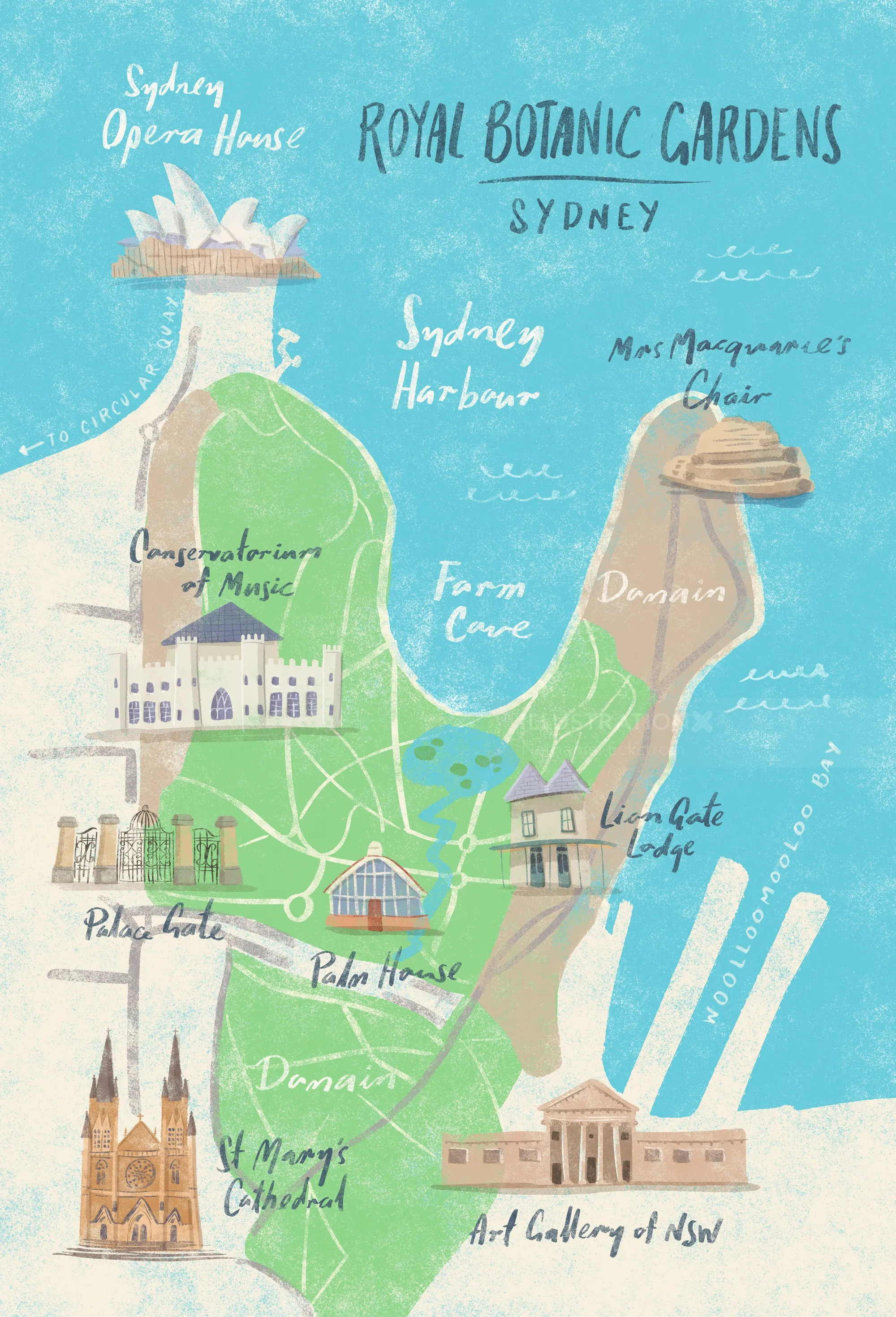 Illustrated map of Sydney Botanic Gardens with landmarks by Nathaniel Eckstrom