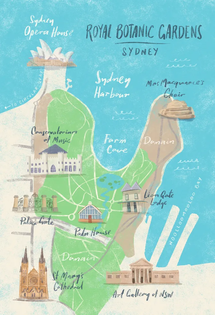 Illustrated map of Sydney Botanic Gardens with landmarks by Nathaniel Eckstrom
