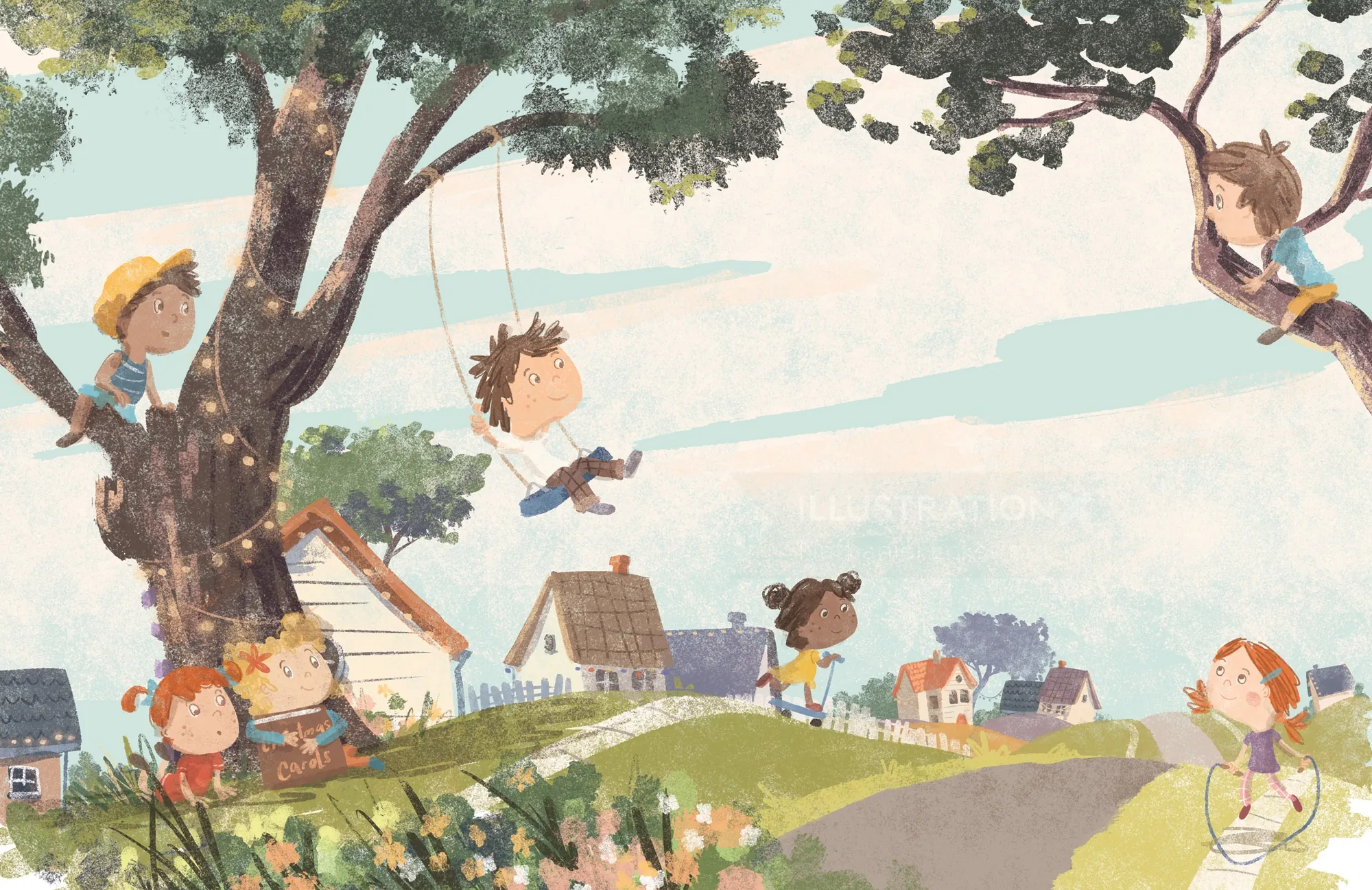 Children swinging on tree swings in a neighborhood, artwork by Nathaniel Eckstrom