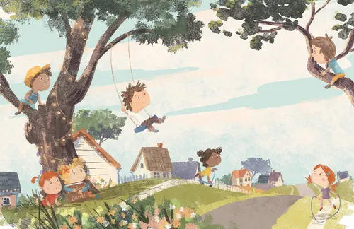 Children swinging on tree swings in a neighborhood, artwork by Nathaniel Eckstrom