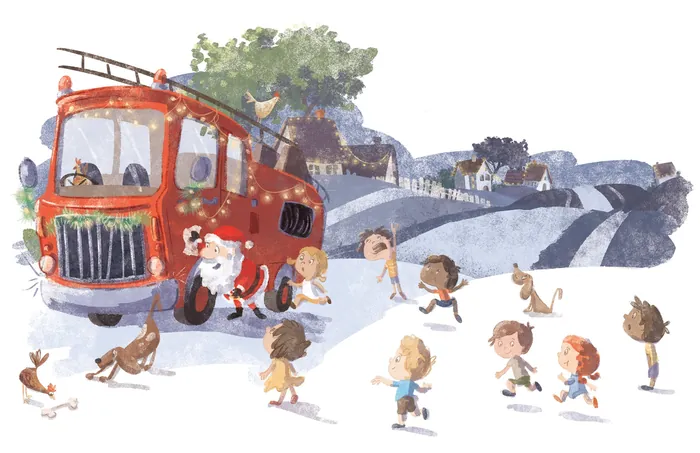 Fire truck arriving with Santa and children running joyfully by Nathaniel Eckstrom