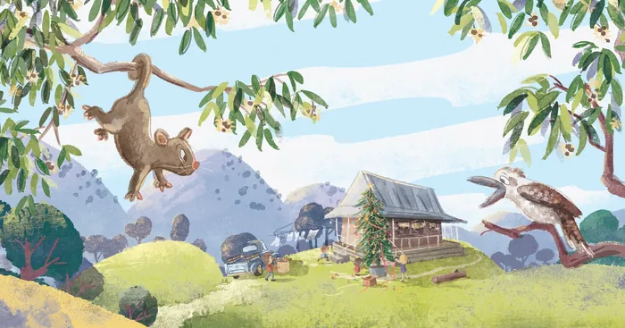 Illustration of Australian landscape with animals and rustic house by Nathaniel Eckstrom