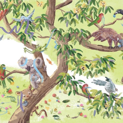 Australian animals in a gum tree celebrating Christmas by Nathaniel Eckstrom