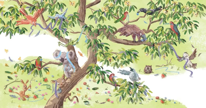 Australian animals in a gum tree celebrating Christmas by Nathaniel Eckstrom