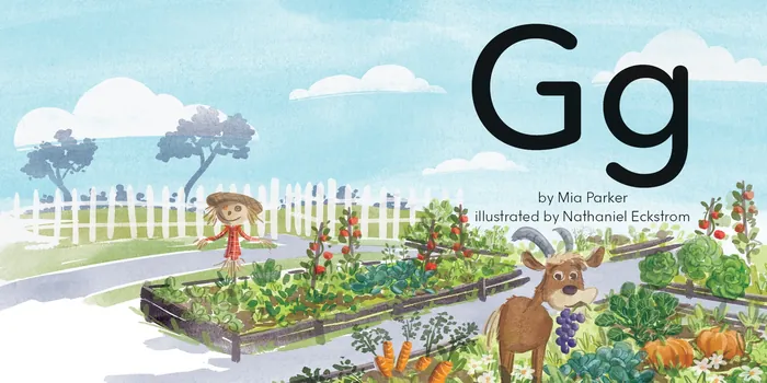 Illustration of goats eating vegetables in a garden by Nathaniel Eckstrom