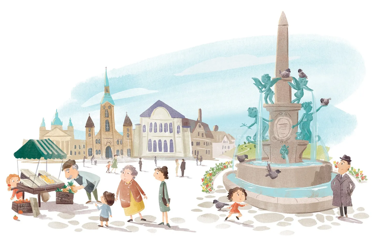 Children playing near a fountain and market stalls in a town square by Nathaniel Eckstrom