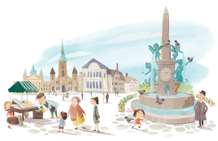 Children playing near a fountain and market stalls in a town square by Nathaniel Eckstrom