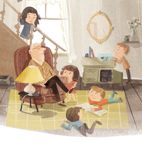 Children playing around grandfather in cozy living room by Nathaniel Eckstrom