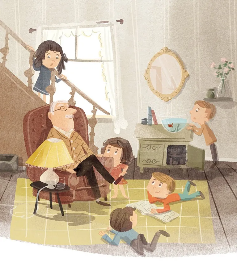 Children playing around grandfather in cozy living room by Nathaniel Eckstrom
