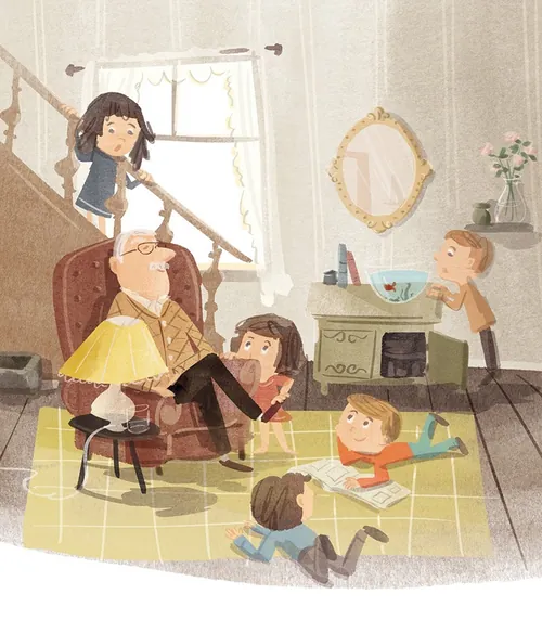 Children playing around grandfather in cozy living room by Nathaniel Eckstrom