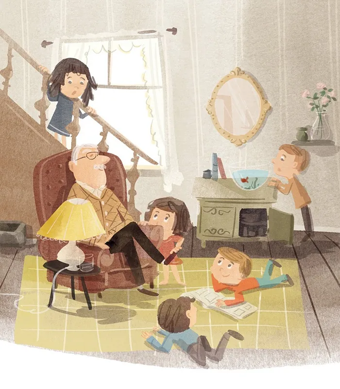 Children playing around grandfather in cozy living room by Nathaniel Eckstrom