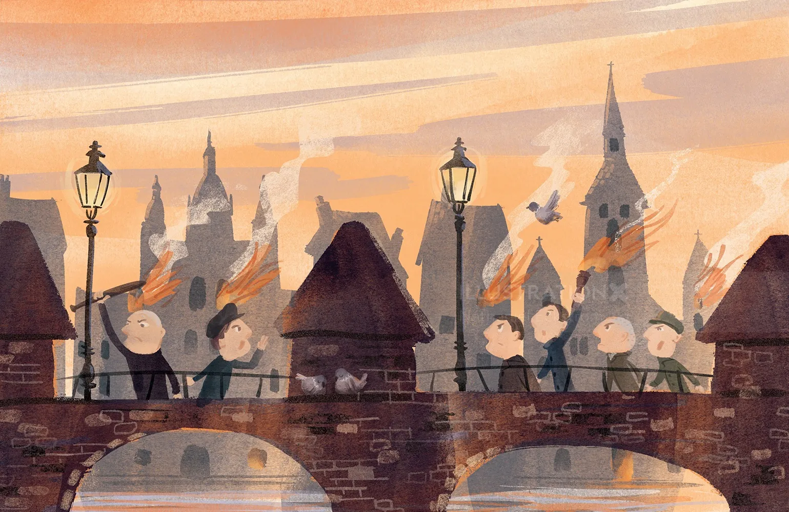 Children on a bridge with birds at sunset in an illustrated cityscape by Nathaniel Eckstrom