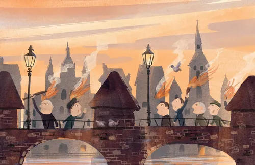 Children on a bridge with birds at sunset in an illustrated cityscape by Nathaniel Eckstrom