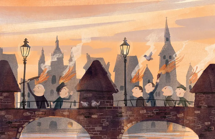 Children on a bridge with birds at sunset in an illustrated cityscape by Nathaniel Eckstrom