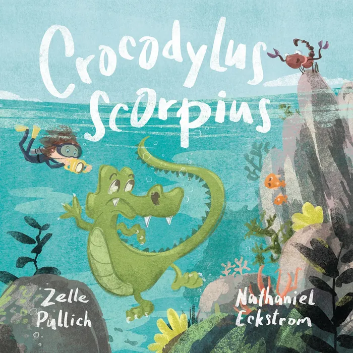 Underwater scene with a crocodile and diver by Nathaniel Eckstrom