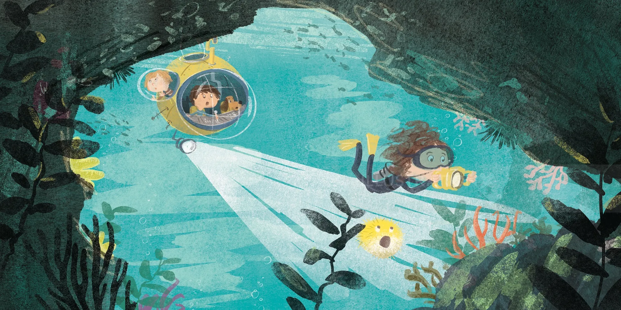 Child in submarine and diver exploring underwater cave by Nathaniel Eckstrom
