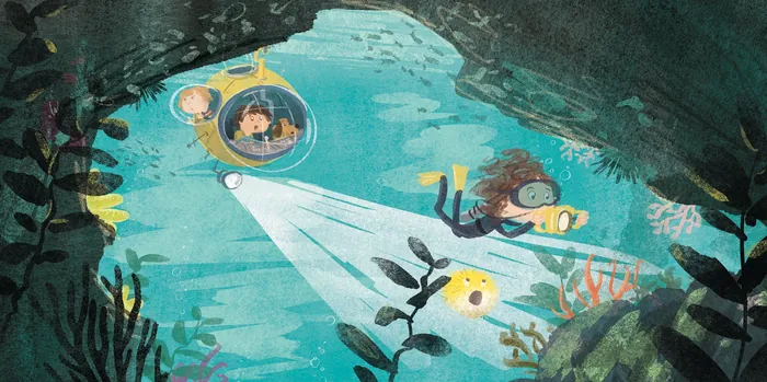 Child in submarine and diver exploring underwater cave by Nathaniel Eckstrom