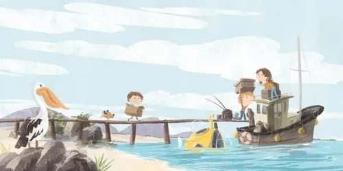 Children fishing from dock near boat in water scene by Nathaniel Eckstrom