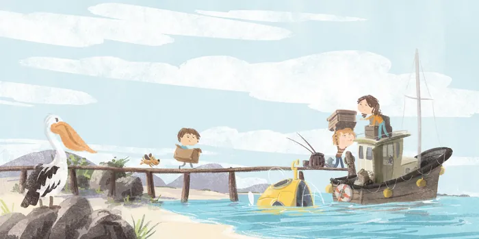 Children fishing from dock near boat in water scene by Nathaniel Eckstrom