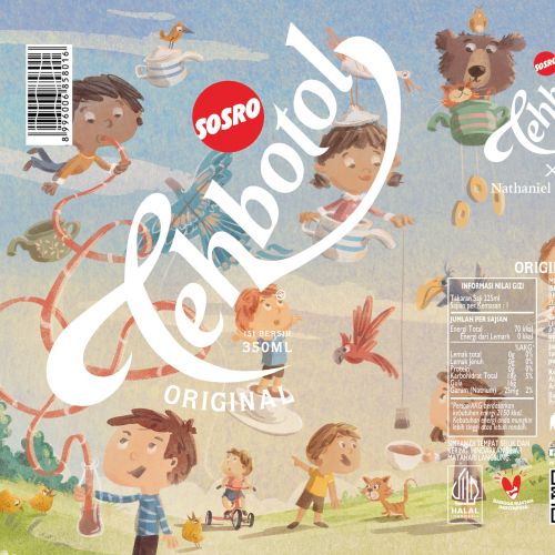 Illustrated packaging of Indonesian Tehbotol tea drink with children