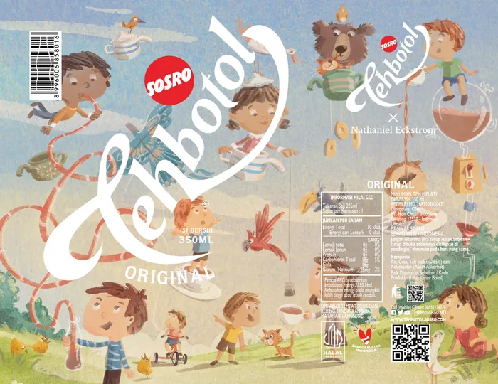 Illustrated packaging of Indonesian Tehbotol tea drink with children