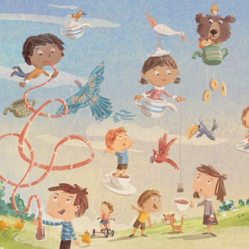 Children play with cups and birds in a whimsical outdoor scene