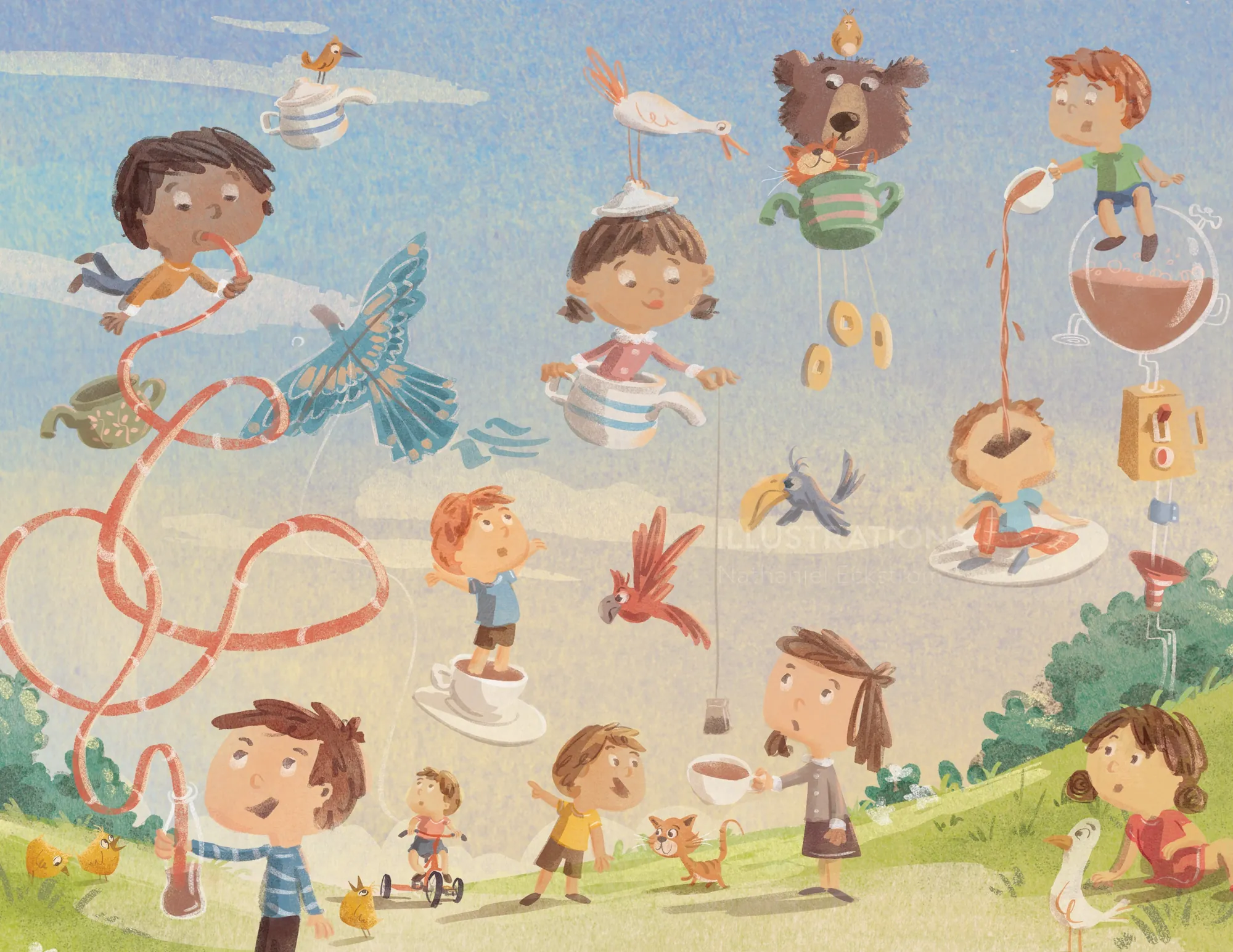 Children play with cups and birds in a whimsical outdoor scene
