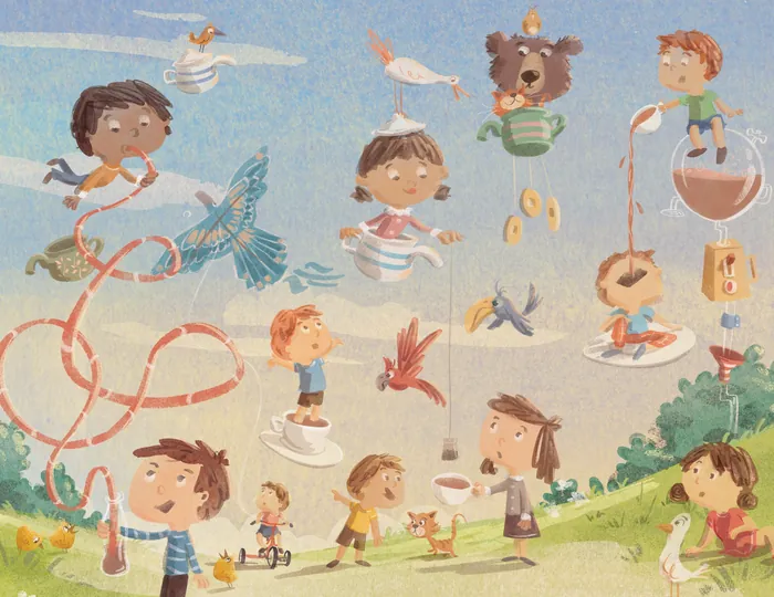 Children play with cups and birds in a whimsical outdoor scene