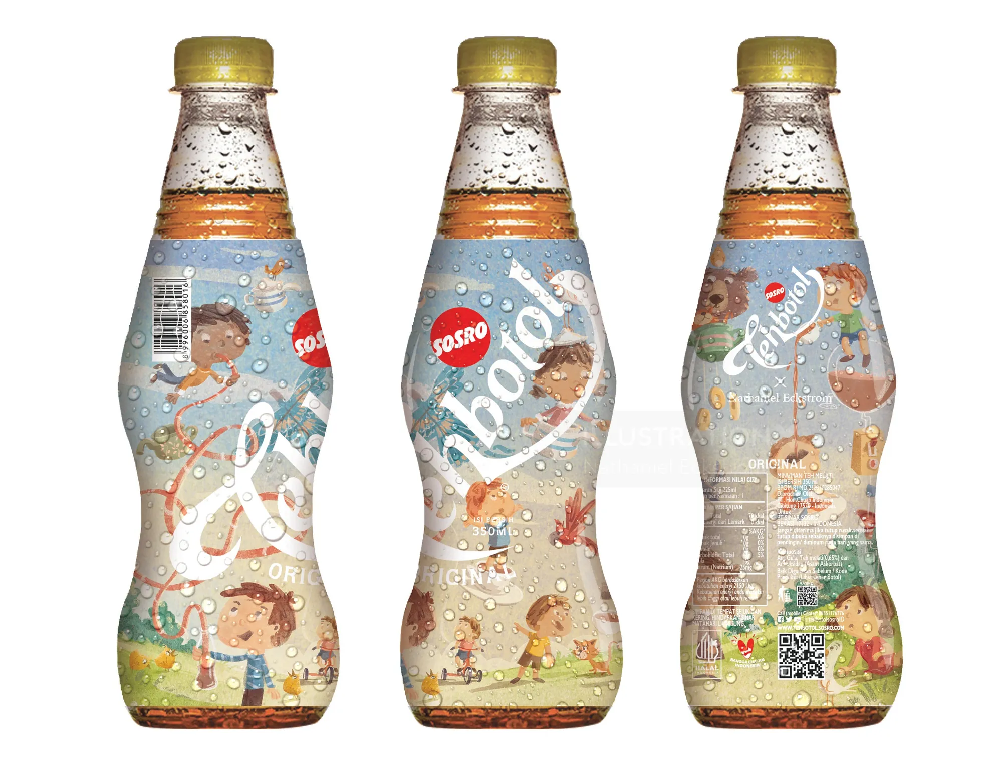 Three bottles of Tehbotol Indonesian tea drink with colorful packaging