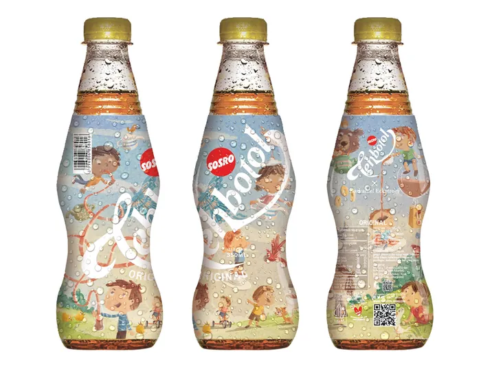 Three bottles of Tehbotol Indonesian tea drink with colorful packaging